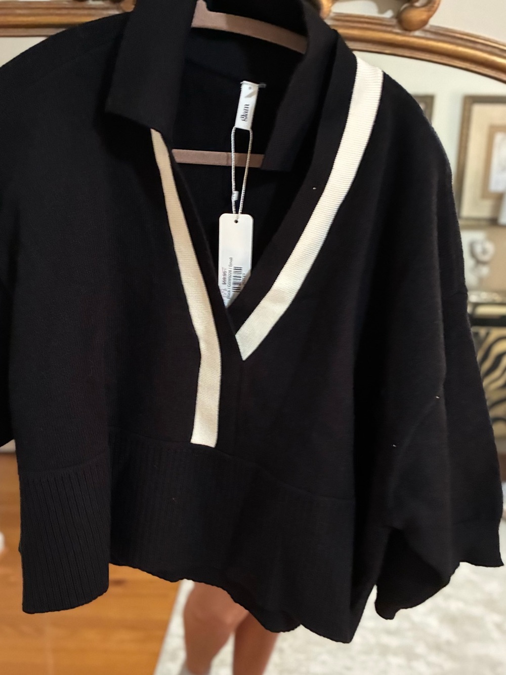 Black V-Neck Pullover Sweater with Cream Trim by GLAM